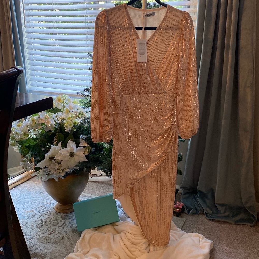 Grace Karin Gold Sheath Dress with V-Neck and Bishop Sleeves